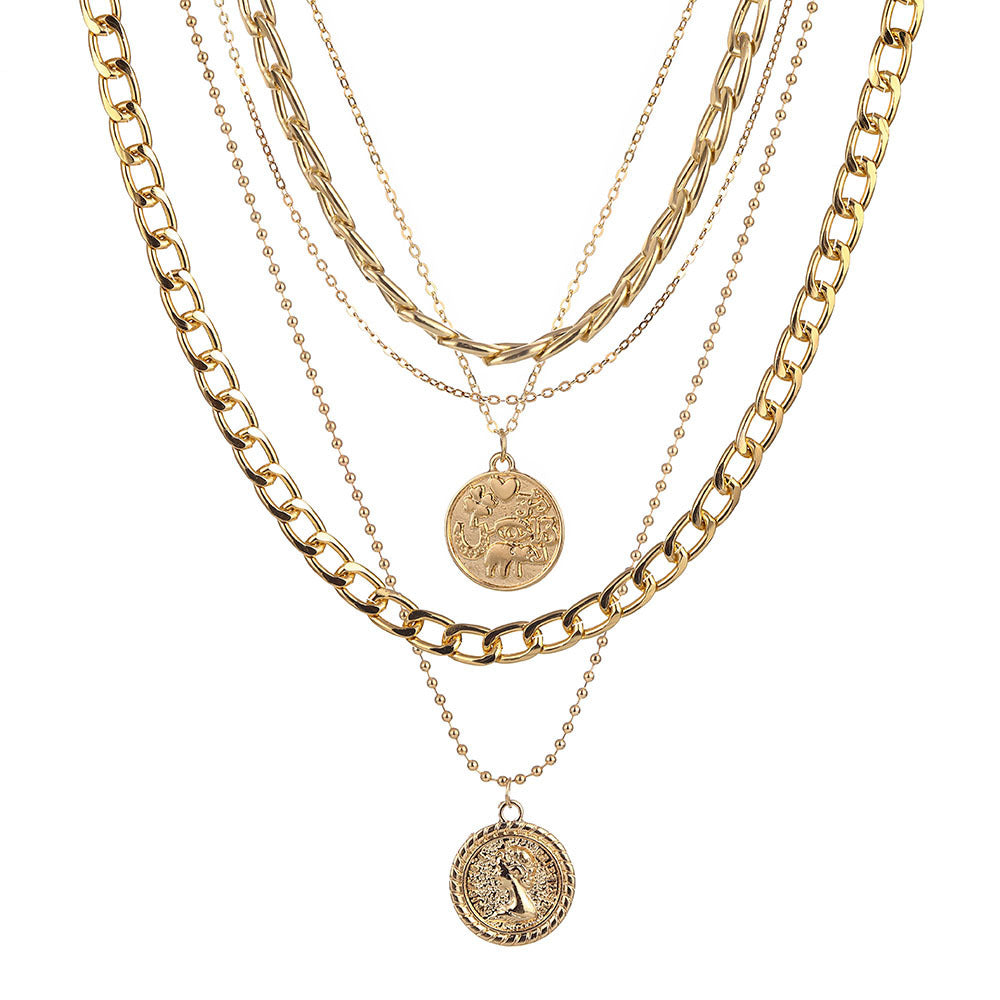 LAIS Electroplated Alloy Unisex Necklace, Snake Bone Chain Matched with Multi-layer Geometric Round Plate Pendant, Incorporating Coin Elements is Super Eye-catching