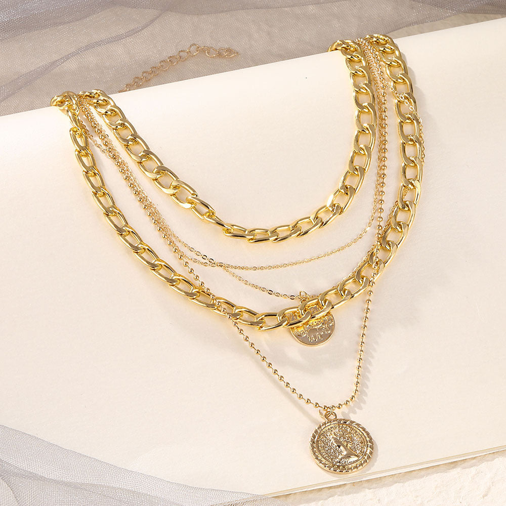 LAIS Electroplated Alloy Unisex Necklace, Snake Bone Chain Matched with Multi-layer Geometric Round Plate Pendant, Incorporating Coin Elements is Super Eye-catching