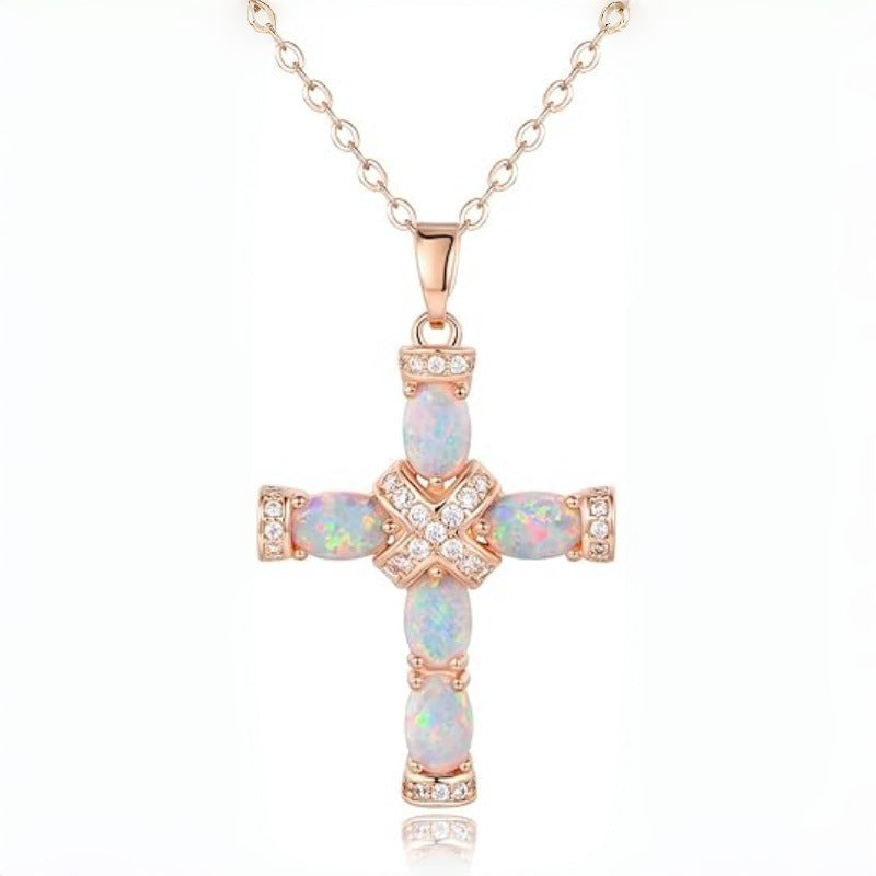LAIS Minimalist Opal-Imitation Cross Necklace – Cool Style Gold-Plated Jewelry for Women