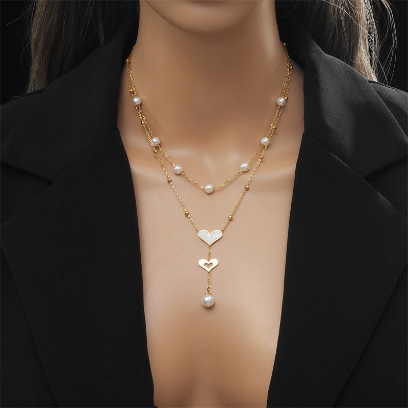 LAIS Women's Exclusive European and American Style Niche Retro Necklace, Double-layer Chain and Tassel Elements, Electroplated Stainless Steel with Full Texture