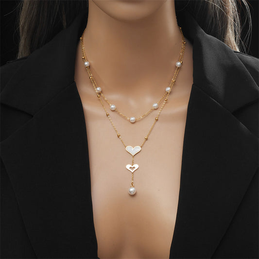 LAIS Women's Exclusive European and American Style Niche Retro Necklace, Double-layer Chain and Tassel Elements, Electroplated Stainless Steel with Full Texture