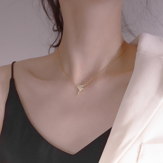 LAIS Women's Niche Super Shiny Zircon Paper Airplane Necklace, with Zircon Inlay Process, Stainless Steel Plated with White Gold Shows Uniqueness