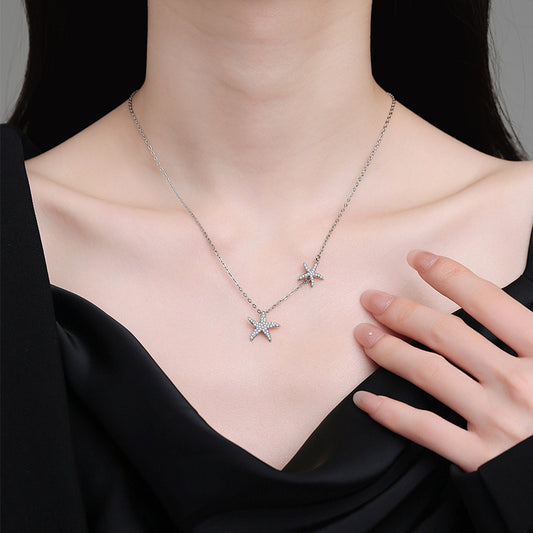 LAIS Women's Exclusive Fashionable Double Starfish Full Diamond Necklace, Copper Material with Electroplating, O-ring Chain Design, Niche Style Leads the Trend