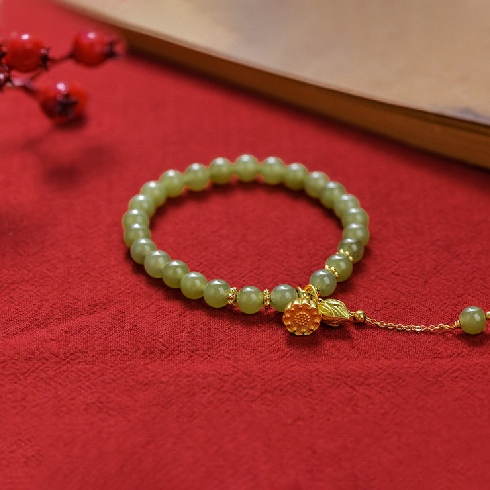 LAIS Retro Hetian Jade Hand String Bracelet – Floral Charm